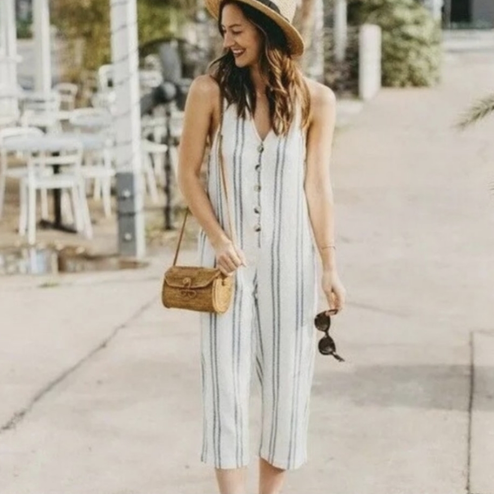 Urban Outfitters Blue and White Stripe Jordon Jumpsuit